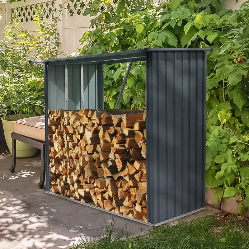 GDF Studio - Vess Outdoor Steel Firewood Rack with Sloped Roof and Open Airflow Design - Black