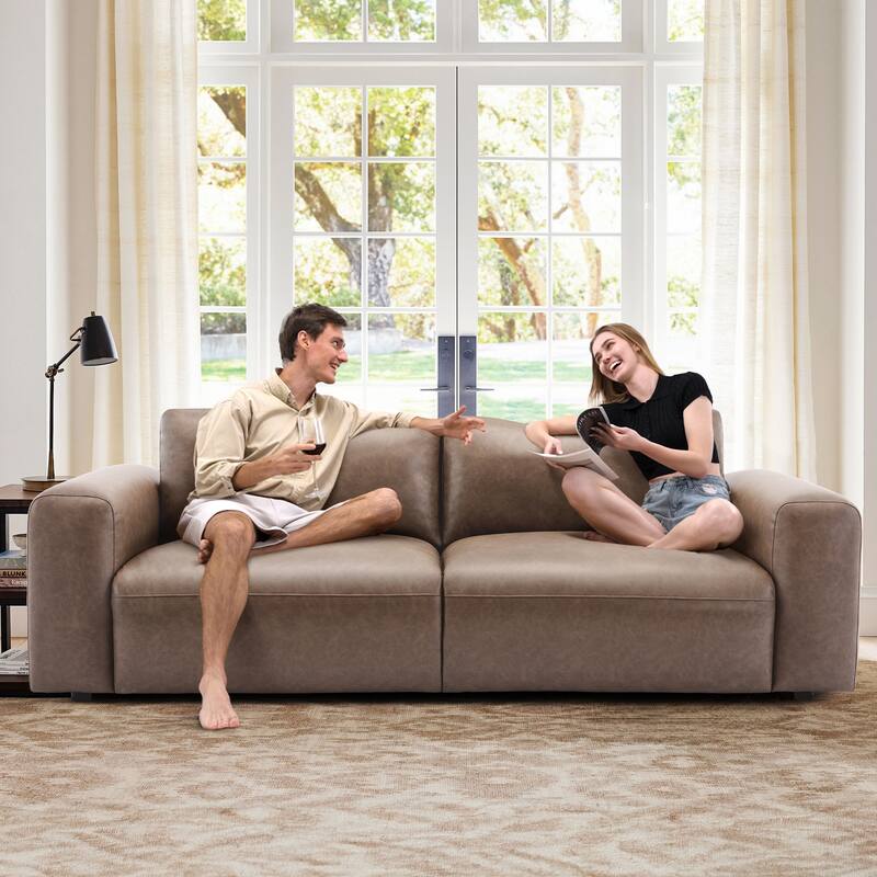 95" Oversized 3-Seater Sofa - Extra Deep Seats & Wide Arms, Down-Filled PU Leather Couch for Living Room, Apartment