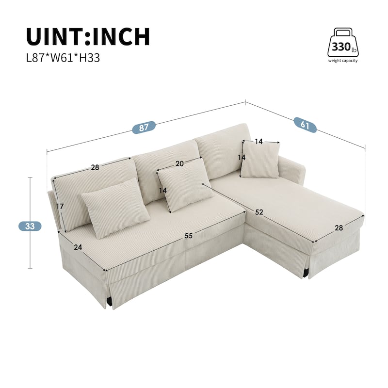 Modern 4-Seater L-Shaped Corduroy Sofa with Convertible Chaise for Living Room