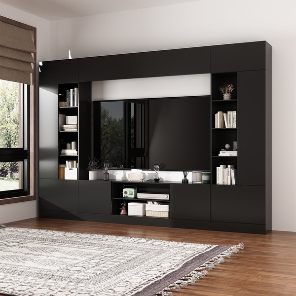 Kerrogee Versatile Wall Unit TV Stand LED Lighting Accommodates TVS Up to 75 Black