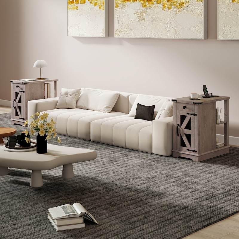 2 Pcs Side Table with Charging Station with Storage Shelf and Drawers - Grey