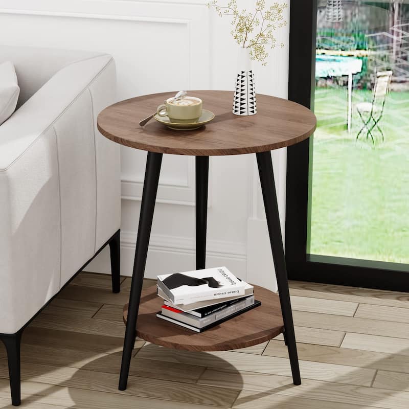 Round End Table Modern White Side Table for Living Room Bedroom Nightstand Accent Table with 2-Tier Faux Marble Wood Top - Brown