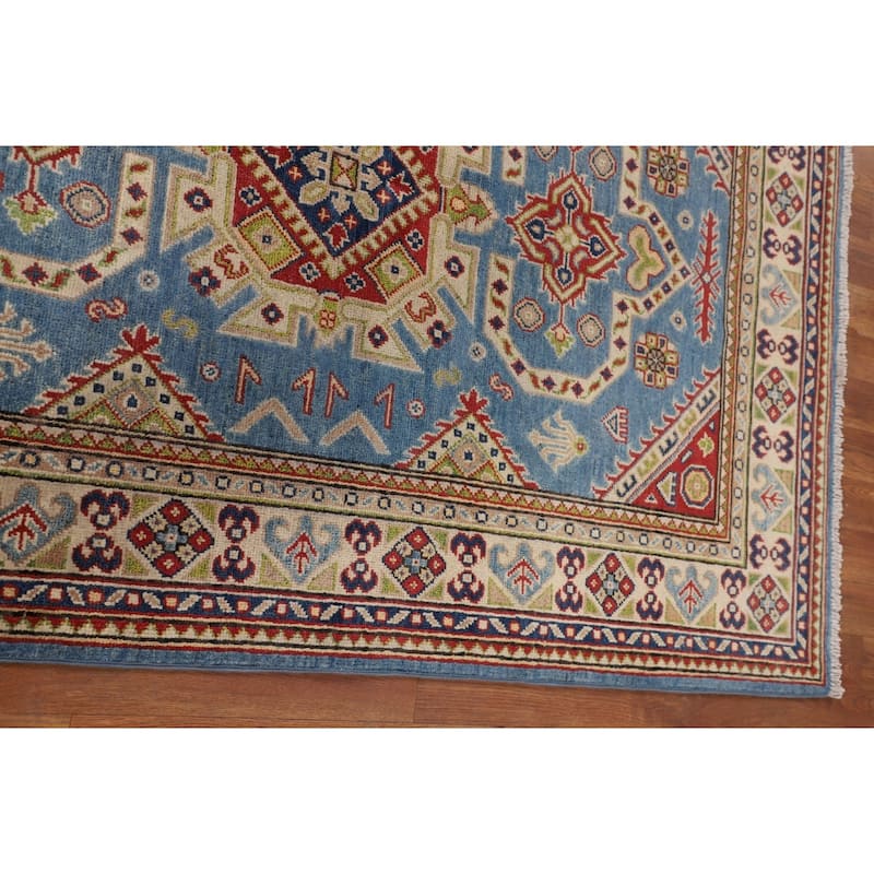 Blue Geometric Kazak Oriental Rug Bedroom Hand-Knotted Wool Carpet - 4'0"x 5'10"