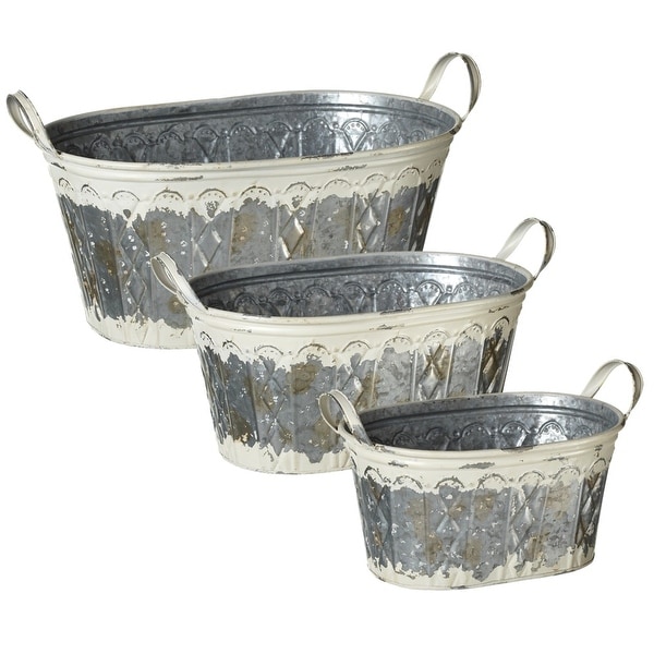 Set of 6 Distressed White Metal Embossed Oval Planter with Handles 23" - N/A