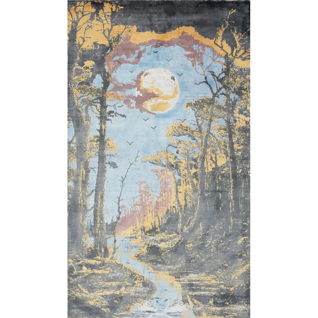 Hand Knotted Oriental Viscose Silk Carpet Modern Pictorial Navy Blue & Blues Abstract Area Rug - 8' 0'' X 5' 0''