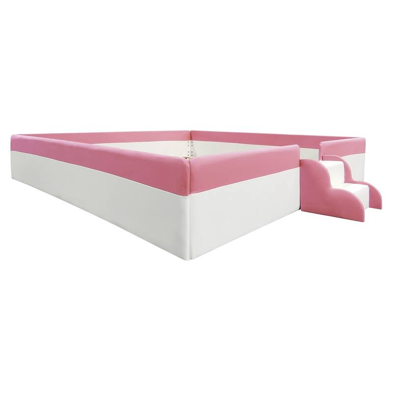 Upholstered Floor Bed Fence Bed Slat Platform Bed with Fence and Second Level Ladder, Anti-collision Frame for Kids Toddler