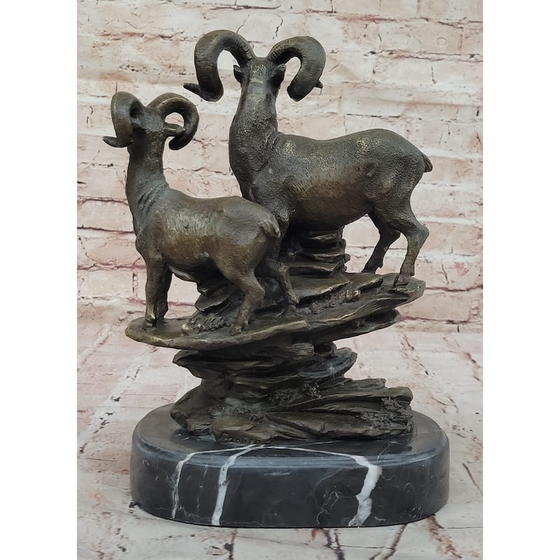 Trio Of Mountain Rams Bronze Sculpture On Marble Base For Rustic Wildlife Decor