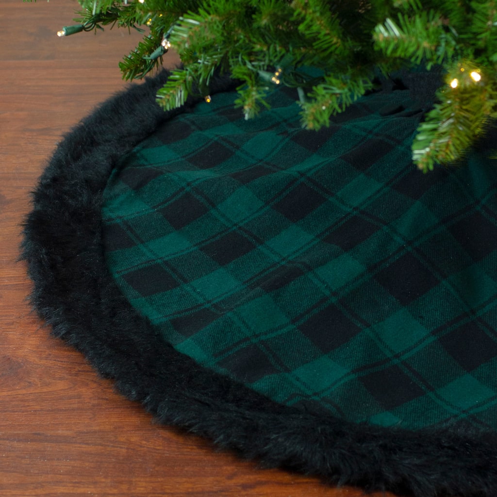 48" Green and Black Plaid Christmas Tree Skirt with Faux Fur - 48