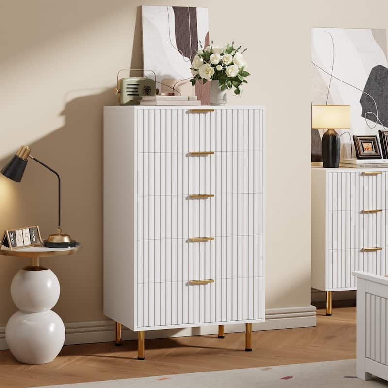 5 Drawer Fluted Dresser for Bedroom, Tall Modern Chest of Drawers with Deep Storage and Wide Top