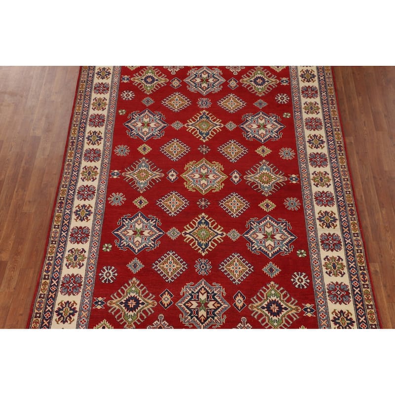 Geometric Kazak Area Rug Hand-Knotted Oriental Red Wool Carpet - 6'6" x 9'11"