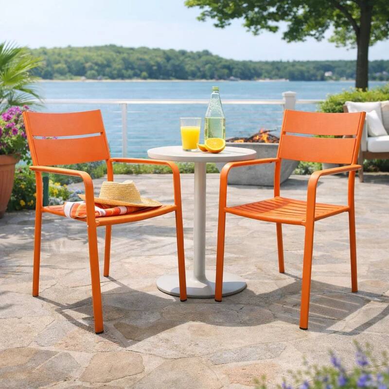 Meta 22 Inch 6 Piece Dining Chair Set, Orange Aluminum Frame, Stackable