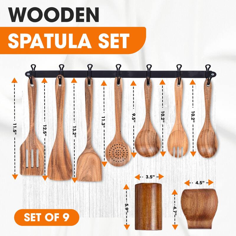 Cheer Collection 9 Piece Wooden Utensil Set with Holder and Spoon Rest