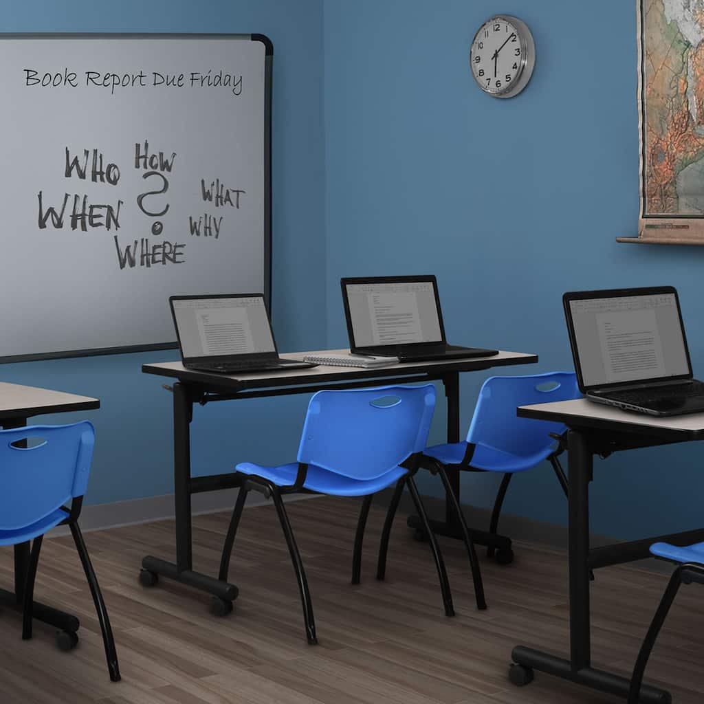 48" Flip Top Mobile Training Table- Maple & 2 'M' Stack Chairs- Blue