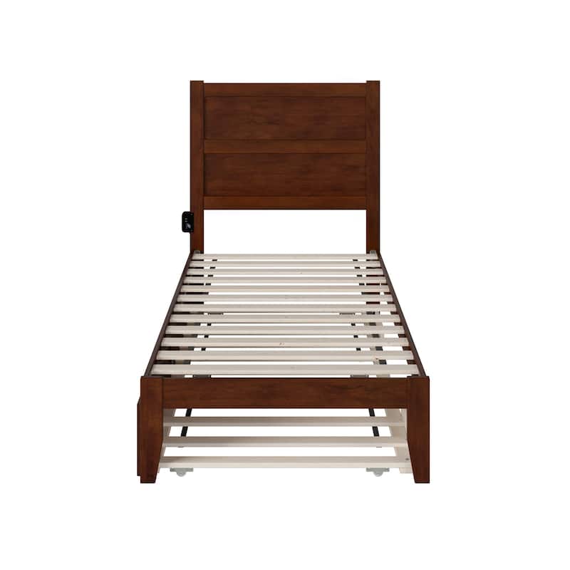 Twin Bed with Trundle - Walnut Platform Bed Frame - Modern Style - HomeStock