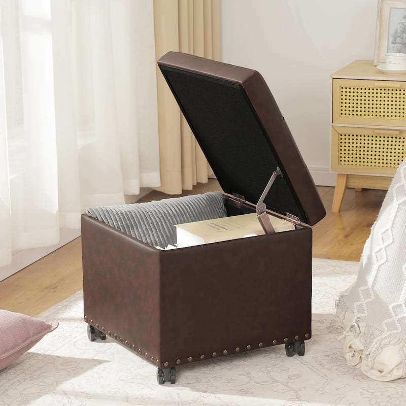 Adeco Bonded Leather Storage Ottoman Square Tufted Cube Footstool
