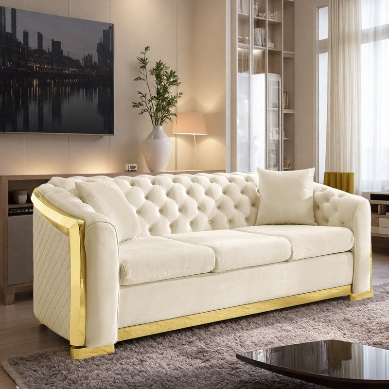 Notification With Button Velvet Chesterfield Sofa with Button Tufting and Gold Accents ...