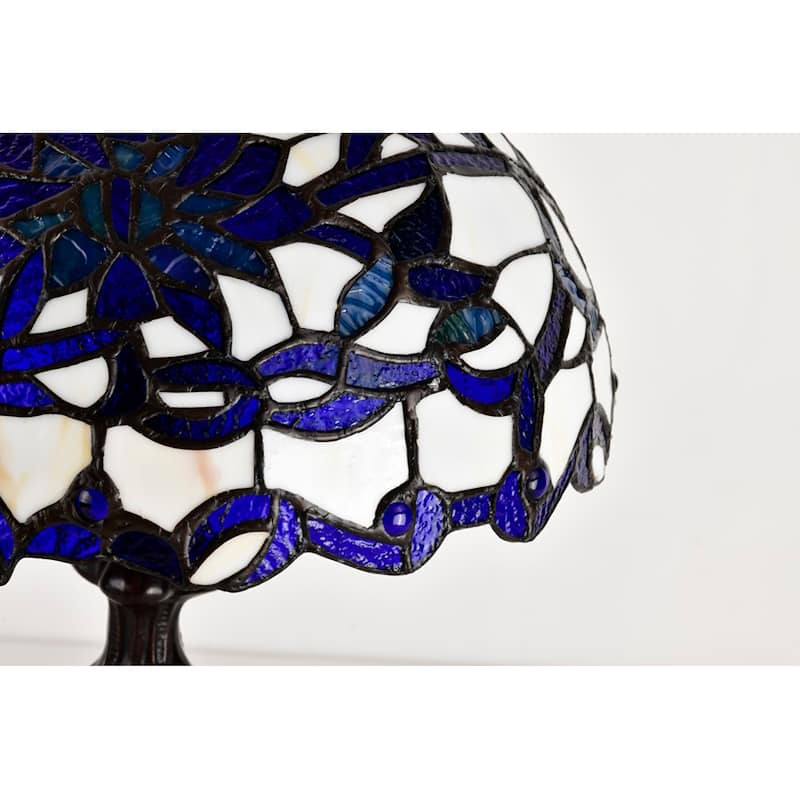 Gracie 12-inch Blue/White Flower Design Stained Glass/Bronze Tiffany-Style Table Lamp