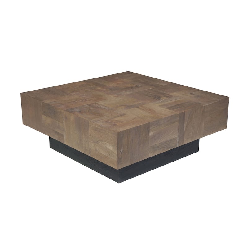 HomeRoots 40" Dark Brown and Black Solid Wood Square Block Coffee Table