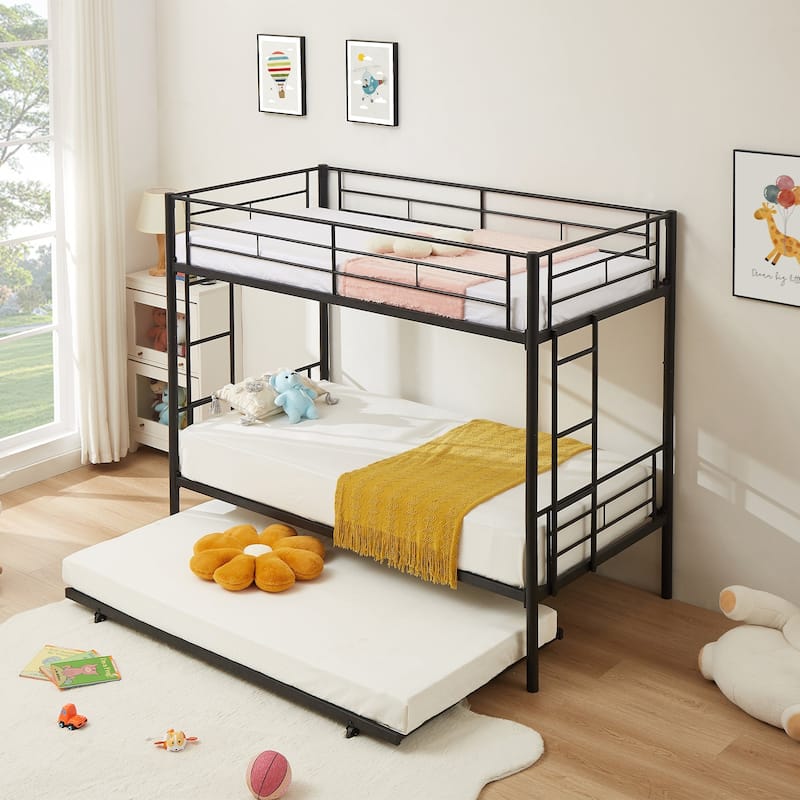 Twin Over Twin Bunk Bed with Trundle, Detachable Twin Bunk Beds w/ 2 Side Ladders & Full-Length Guardrails