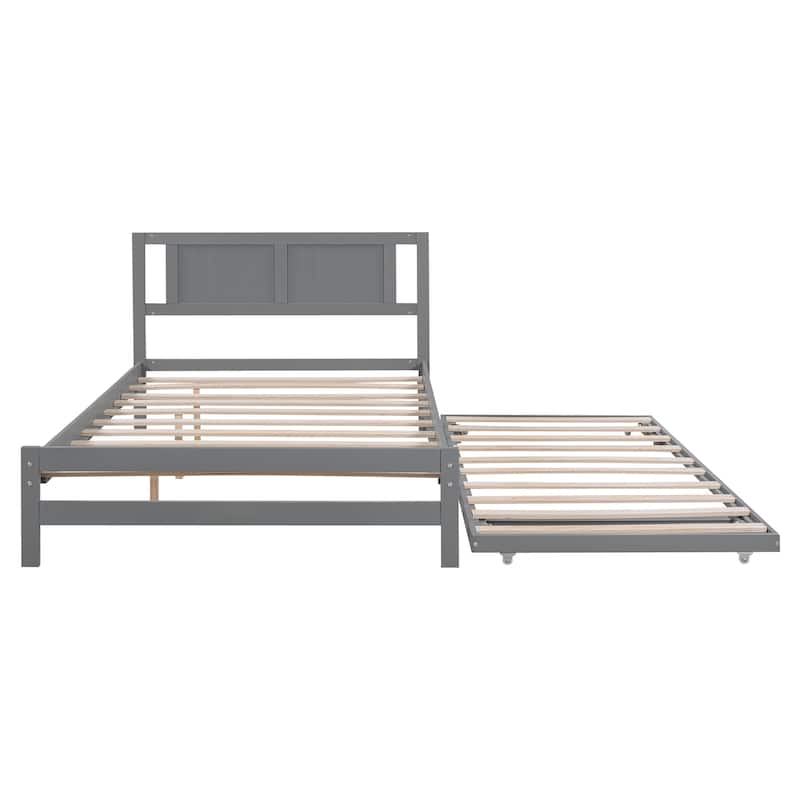 Gray Full Pine Platform Bed with Adjustable Trundle