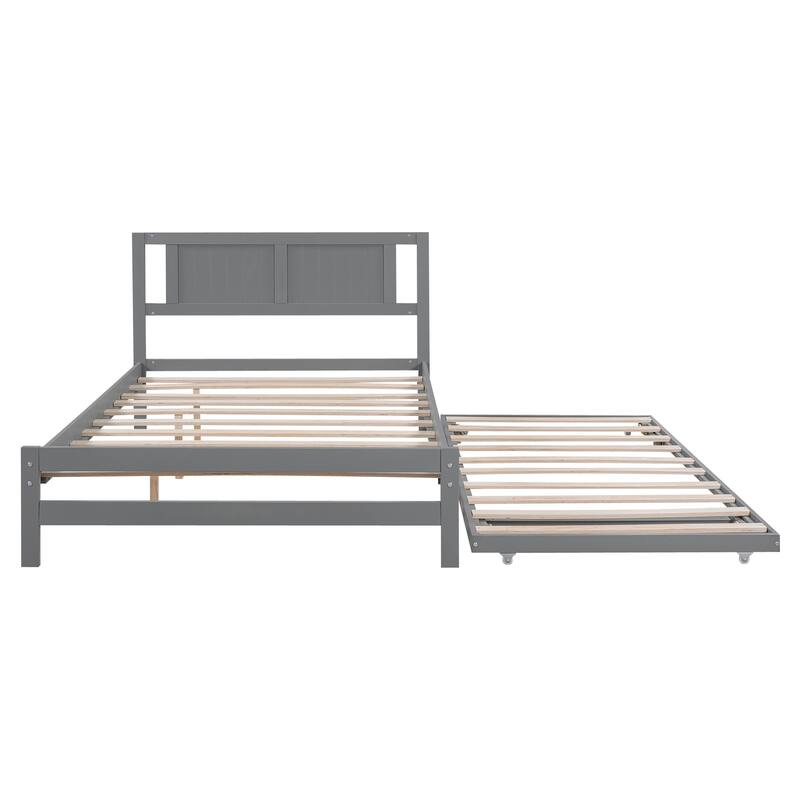 Roomfitters Full Size Platform Bed with Adjustable Trundle for Flexible Sleeping Space, Gray