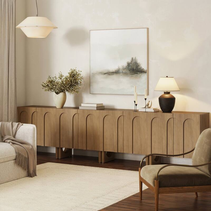 Jett Mid Century Modern Wood Credenza Storage Cabinet, Modular Arched Door Cabinet with Solid Wood Legs