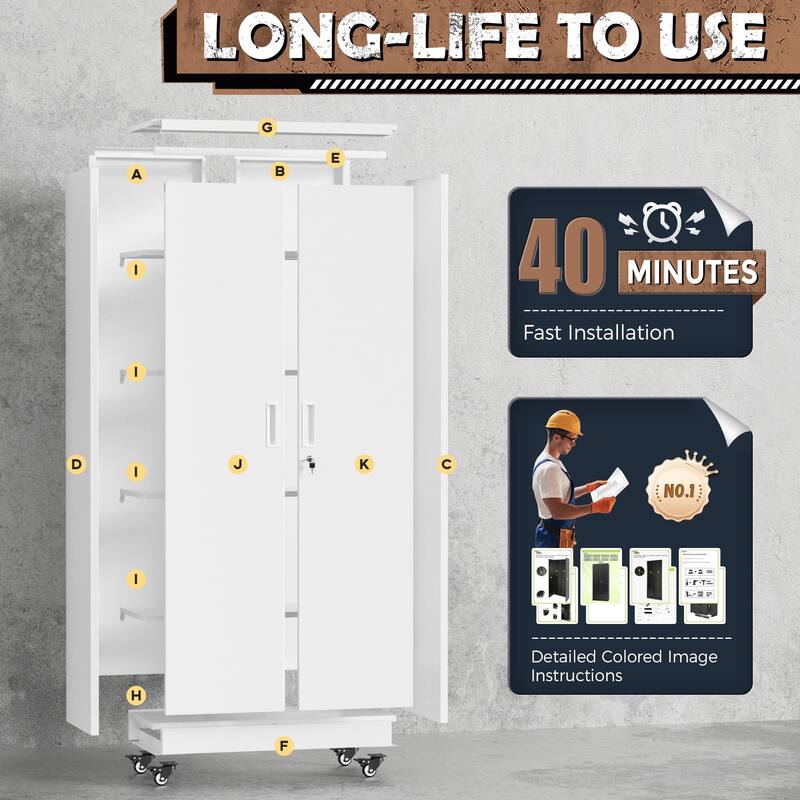 Tall Garage Storage Rolling Tool Cabinet with Locking Doors and Adjustable Shelves for Garage, Home Office, School