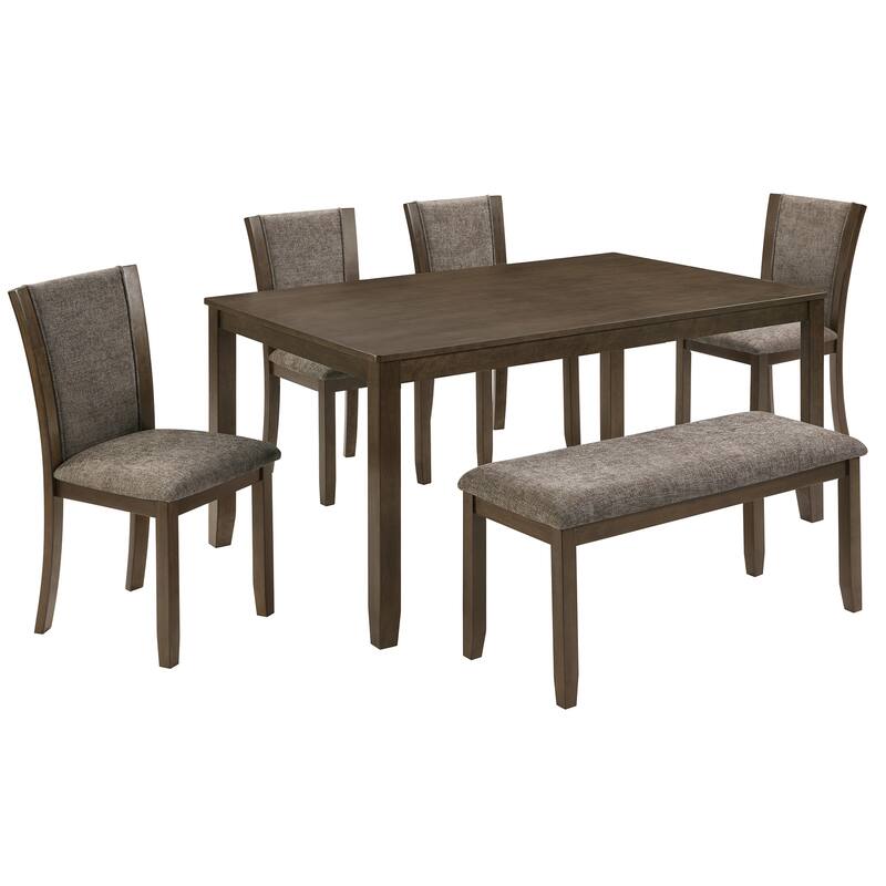 6 Piece Dining Table Set with Bench, Wooden Kitchen Table & 4 Upholstered Chairs, Modern Dining Room Furniture for Family Meals