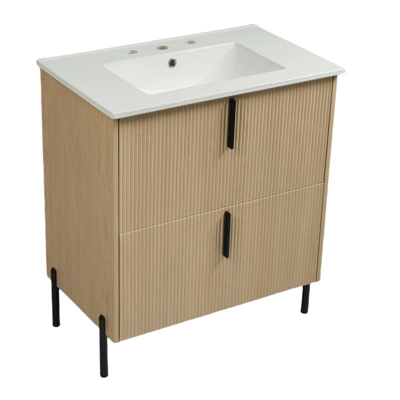 30" Bathroom Vanity with Ceramic Sink and Full-Extension Drawers, Soft Close Undermount Drawer Slides, Fluted Design