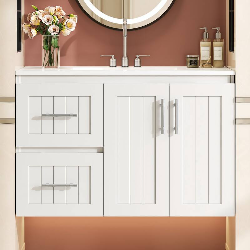 36'' Wall Mounted Bathroom Vanity with Single White Integrated Ceramic Sink - 36'' x 18.4'' x 20.7'' - White