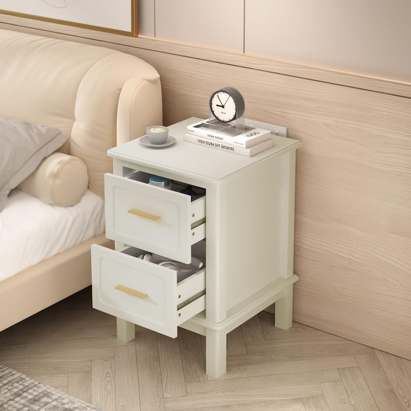 Modern Nightstand with 2 Drawers, Bedroom Bedside Table with Gold Handles, Sturdy Wood Accent Table