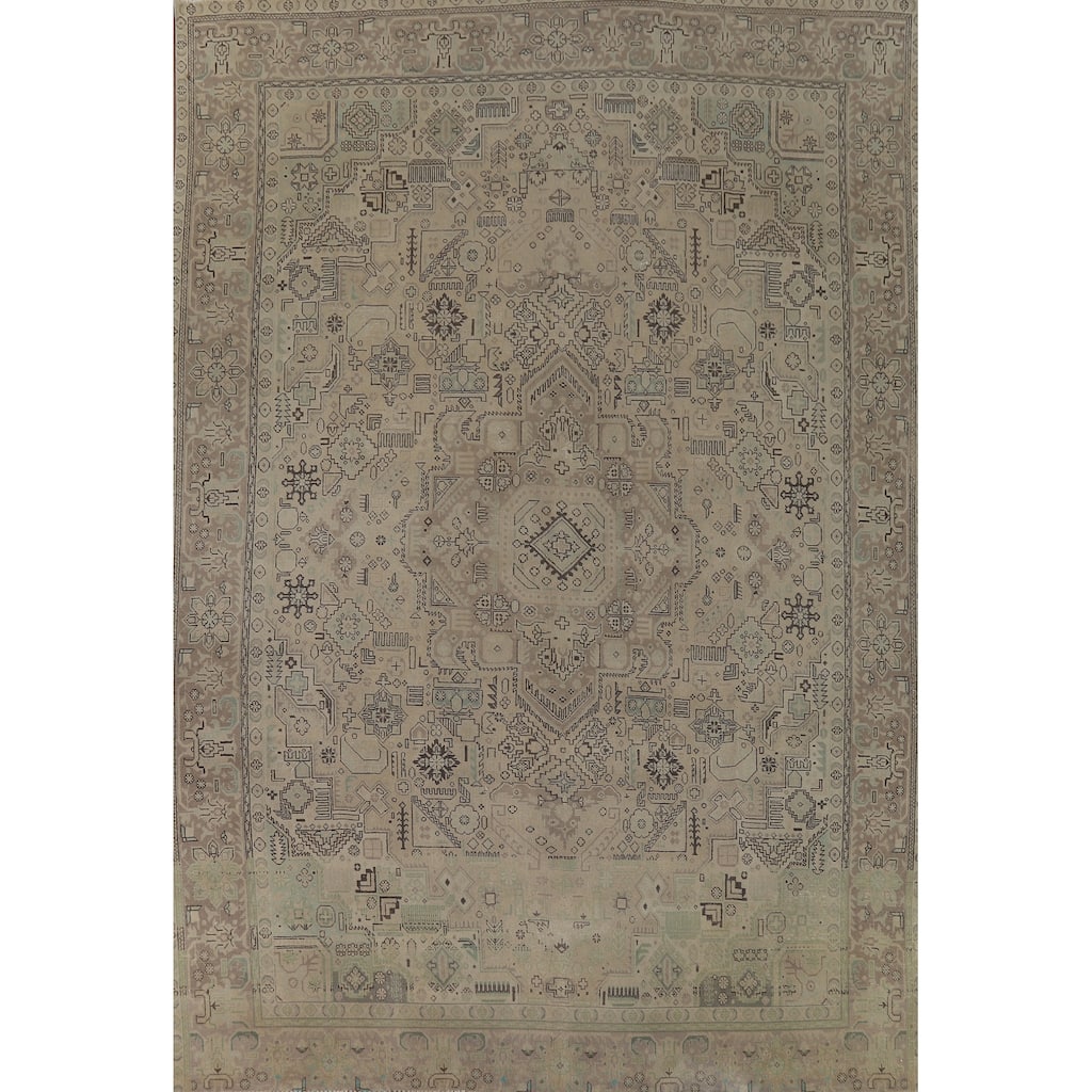 Distressed Geometric Tabriz Vintage Persian Rug Handmade Wool Carpet - 9'7" x 13'1"