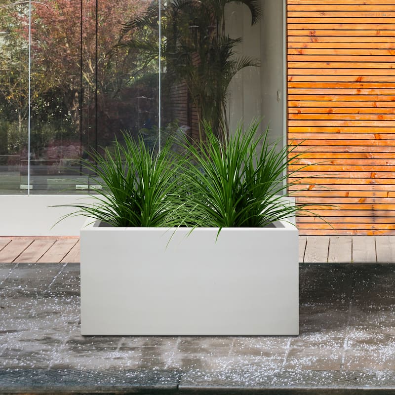 Kante Rectangular Lightweight Pure White Concrete Metal Indoor Outdoor Planter Pot, w/ Drainage Hole for Patio, Home and Garden