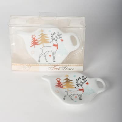 Set Of 2 Porcelain Reindeer And Trees Tea Bag Holder