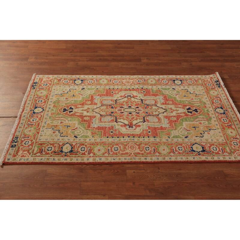 Orange & Green Heriz Serapi Vegetable Dye Rug Handmade Wool Carpet - 3'1"x 5'0"
