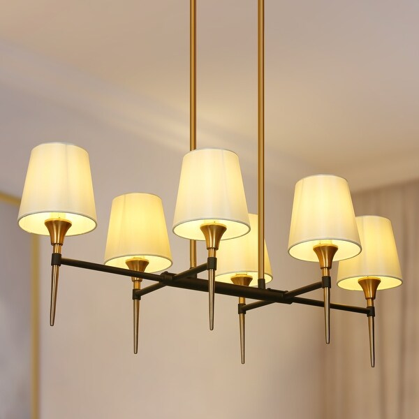 Modern Farmhouse Black Gold Linear Chandelier Mid Century 6 Light 31.5 Inch Shaded Island Pendat 31.5 inch W 15.7 inch H 12.2 inch Size 31.5 W