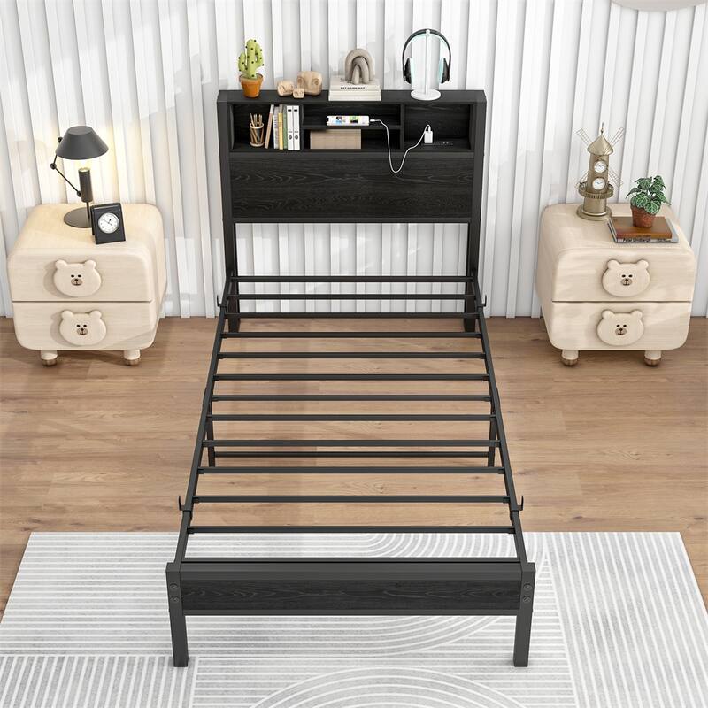 Twin Size Bed Frame w/Storage,Metal Platform Bed with Charging Station