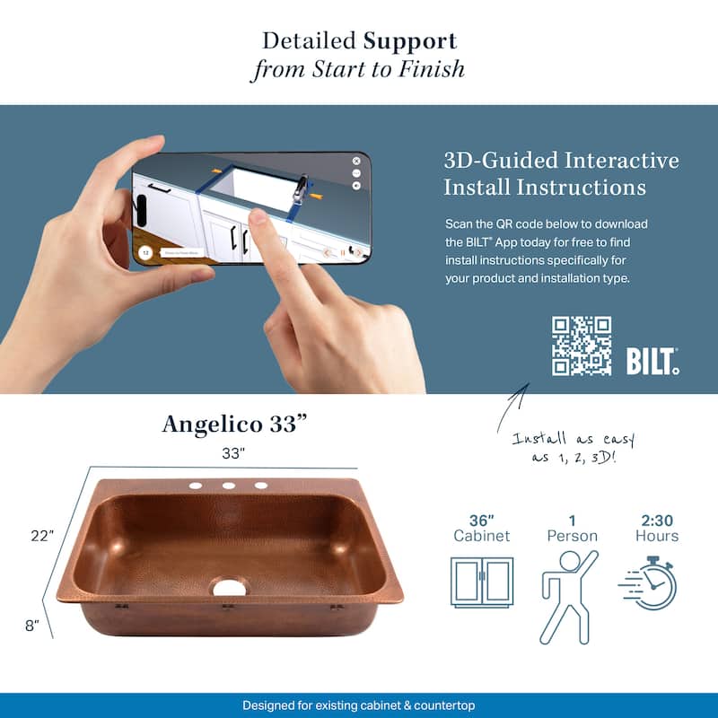 Angelico Copper 33" Single Bowl Drop-In Kitchen Sink with 4 Holes