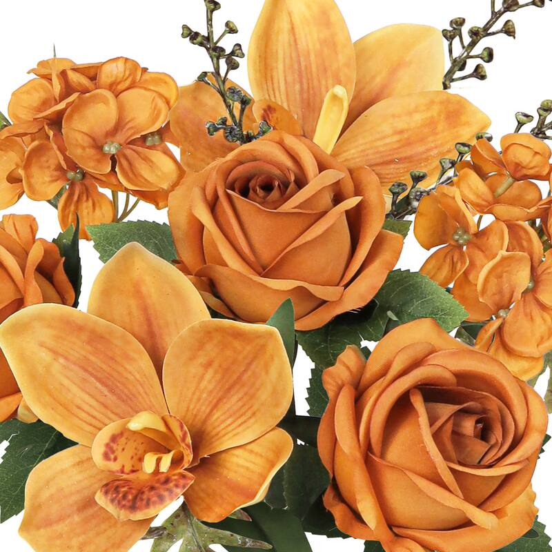 Set of 2 Cafe Brown Artificial Mixed Rose Cymbidium Orchid Hydrangea Flower Stem Bush Bouquet 16in - 16" L x 9" W x 9" DP