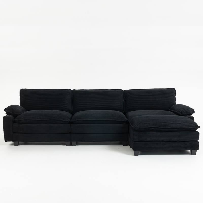 L-Shaped Modular Sectional Sofa with Ottoman, Oversized Corduroy Upholstered Cloud Couch with Cup Holders & Side Pockets