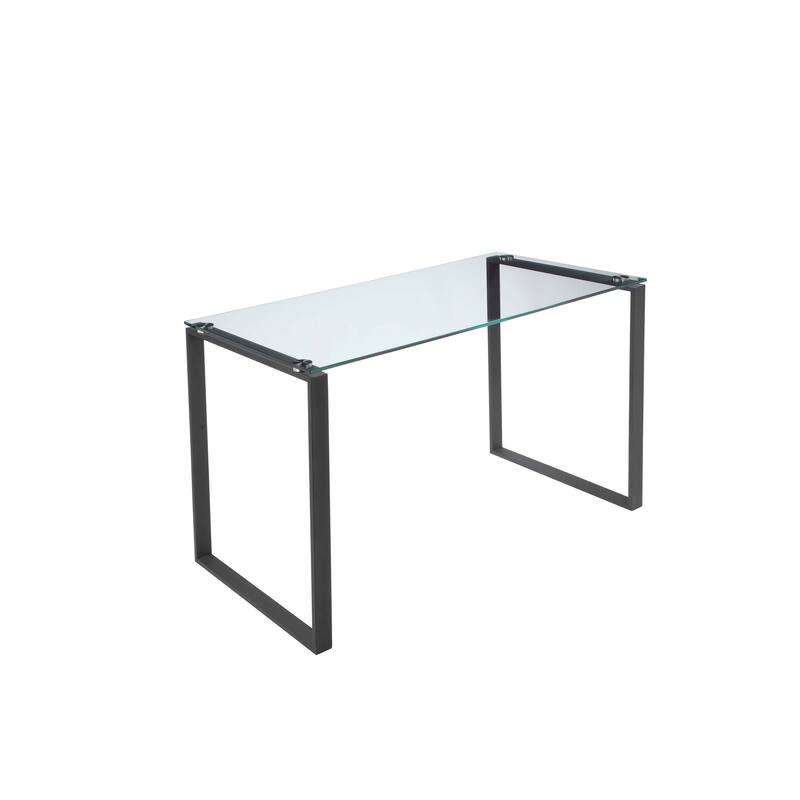 Elen 47 Inch Desk, Rectangular Tempered Glass, Black Powder Coated Metal