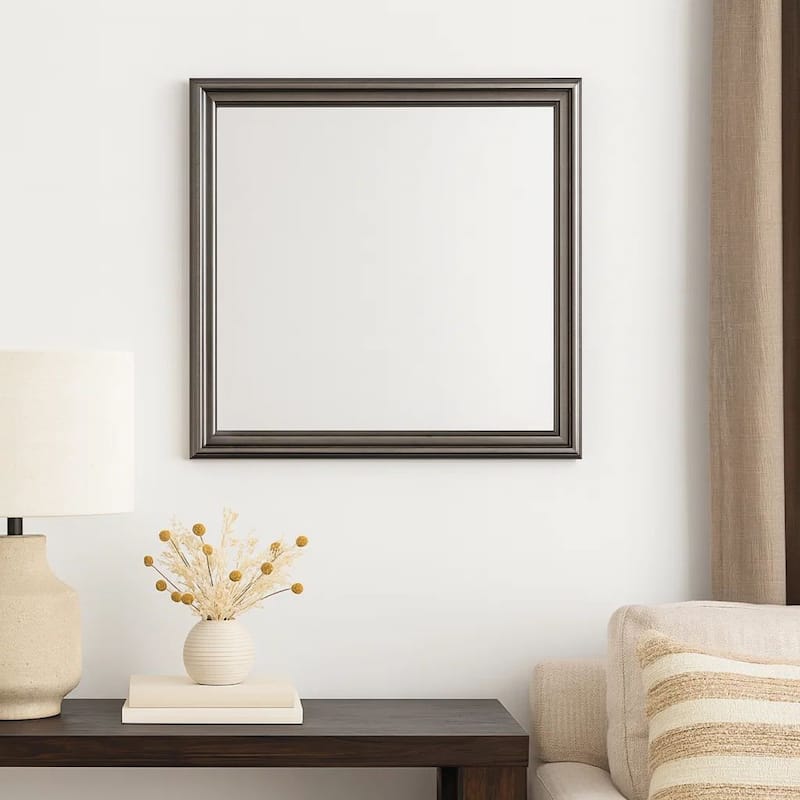 Wooden Frame Mirror with Mounting Hardware, Gray and Silver