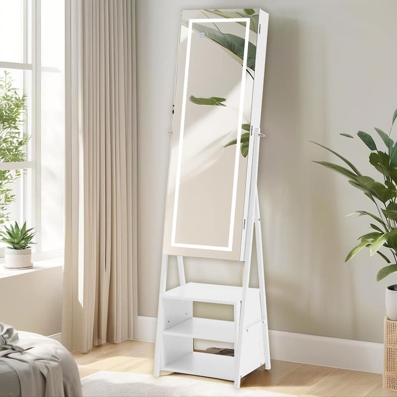 VECELO Standing Jewelry Cabinet Armoire with Adjustable LED Lights and Multi-functional Storage Shelf Drawers