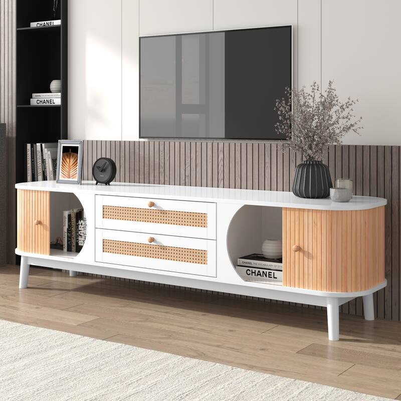 Rattan TV Stand Console Table with Storage Cabinets for TVs up to 75'' - 66.93" x 15.55" x 18.11"