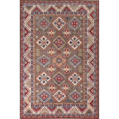 Geometric Brown Kazak Area Rug Handmade Wool Carpet - 6'7" x 9'10"