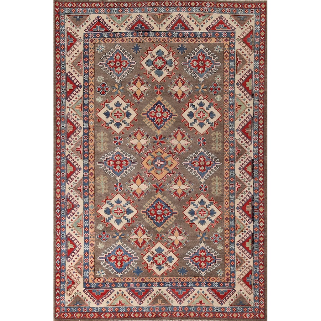 Geometric Brown Kazak Area Rug Handmade Wool Carpet - 6'7" x 9'10"