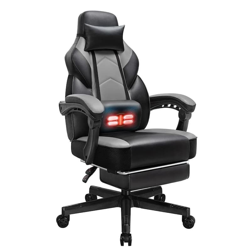 Futzca Gaming Chair PU Leather Office Chair with Headrest, Footrest & Massage Lumbar Support - Grey