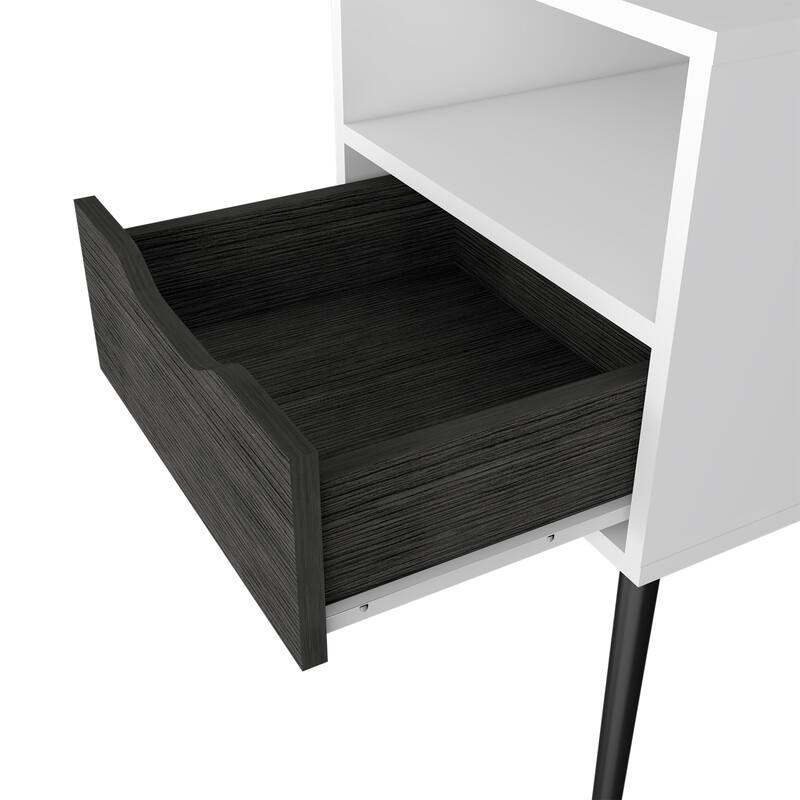 25-inch Nightstand with Superior Top, Open Shelf, and Drawer in Smokey White