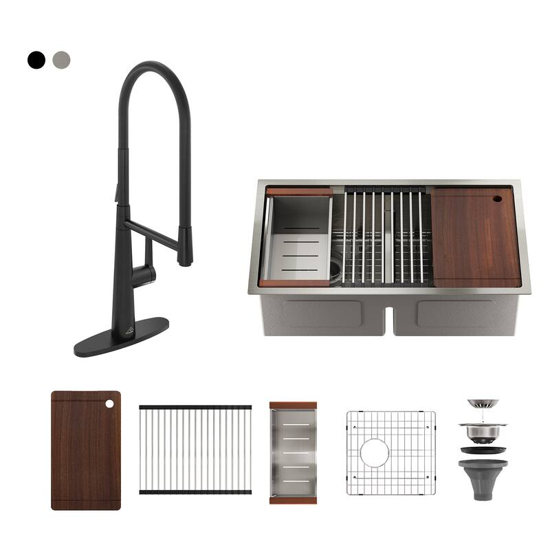 Stainless Steel 33 in. Double Bowl Undermount Workstation Kitchen Sink with Kitchen Faucet and Accessories - Black