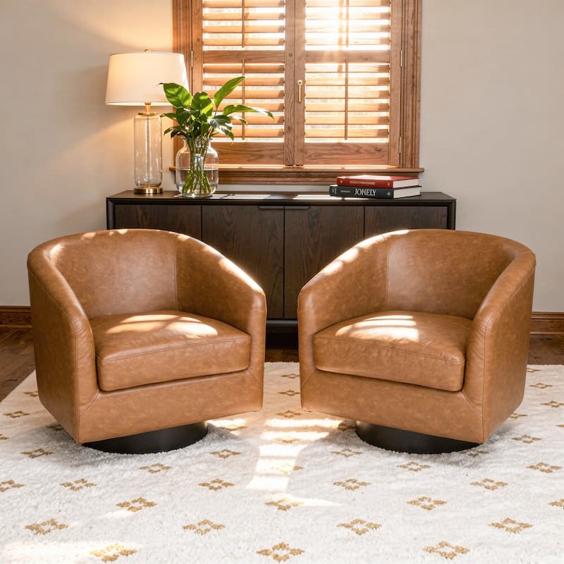 Modern Round 360-Degree Swivel Accent Chair Set of 2 - Faux Leather - Brown/PU